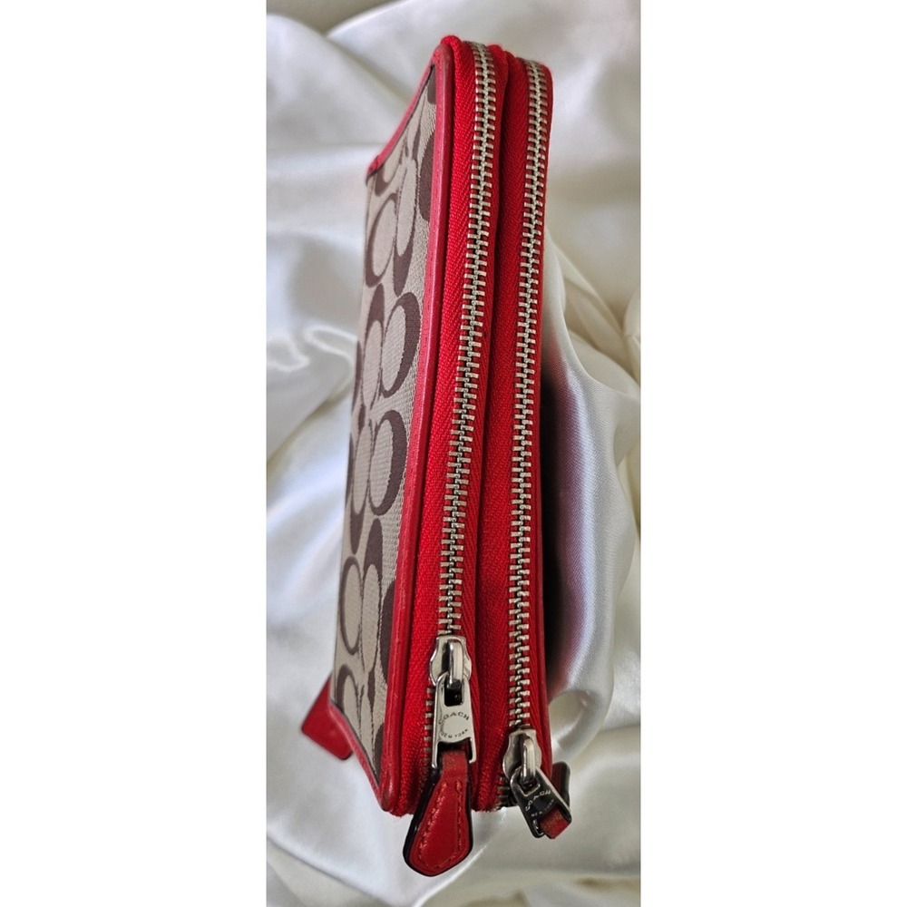 Coach DOUBLE Zip Medium Wallet Signature Canvas Brown with Red Leather Trim/Silv - Picture 6 of 11